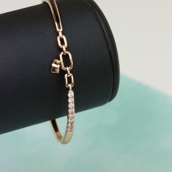 Elegant Rose Gold Bangle with Diamond Accents and Chain Link Charm, XPBL0459 - Picture 6 of 11